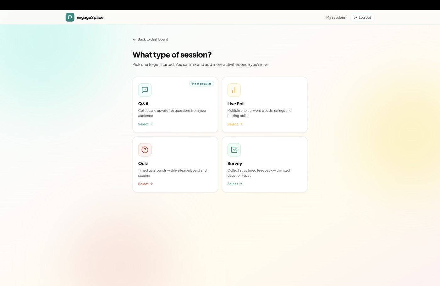 Choosing a session type: Q&A, Live Poll, Quiz, or Survey