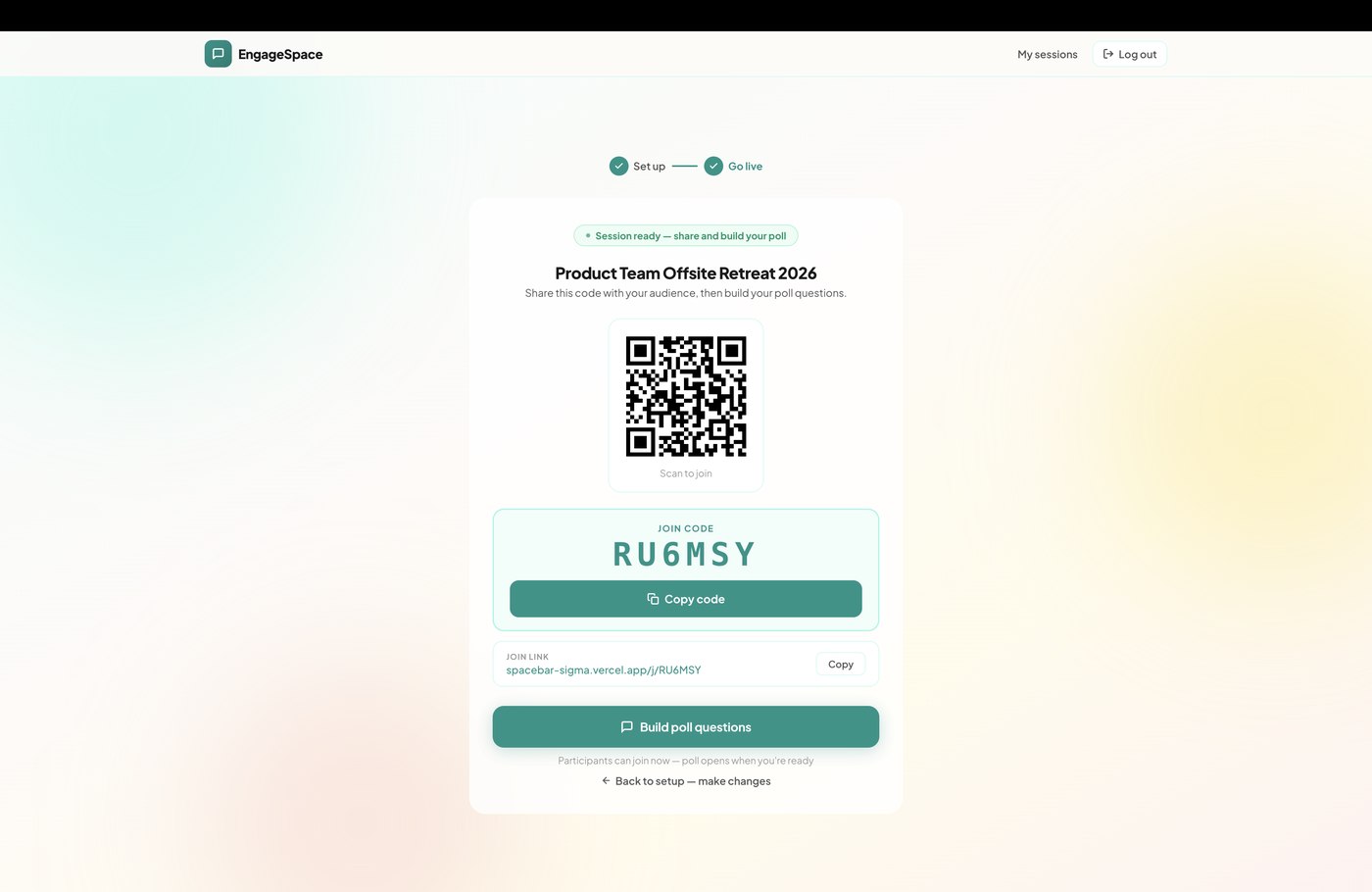 Session ready with QR code and join code