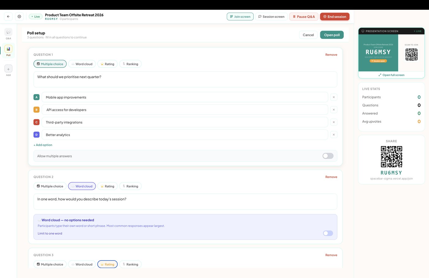 Live poll builder with presentation screen preview and live stats