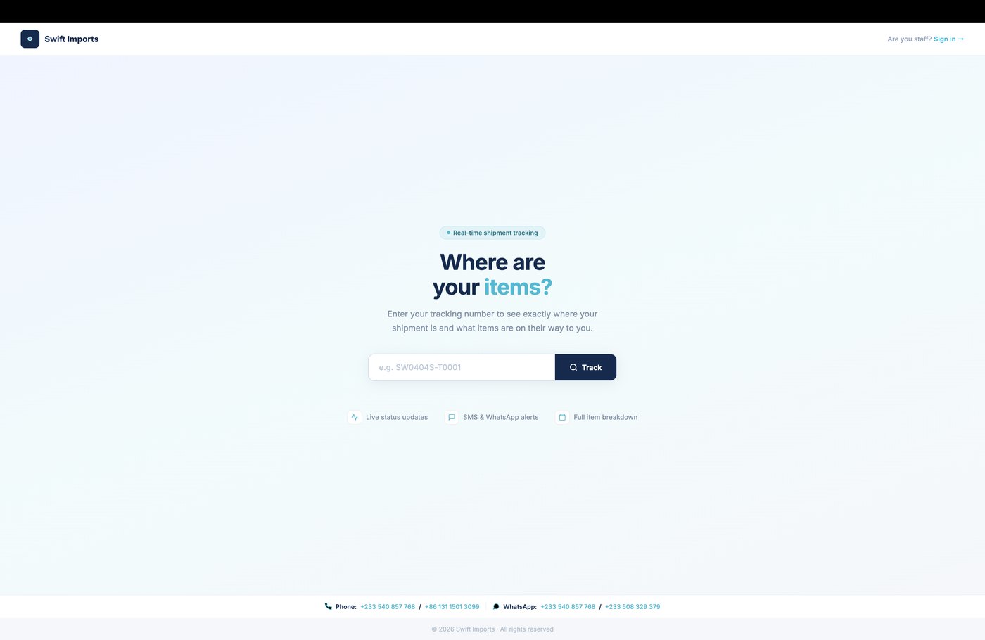 Swift Imports customer tracking landing page
