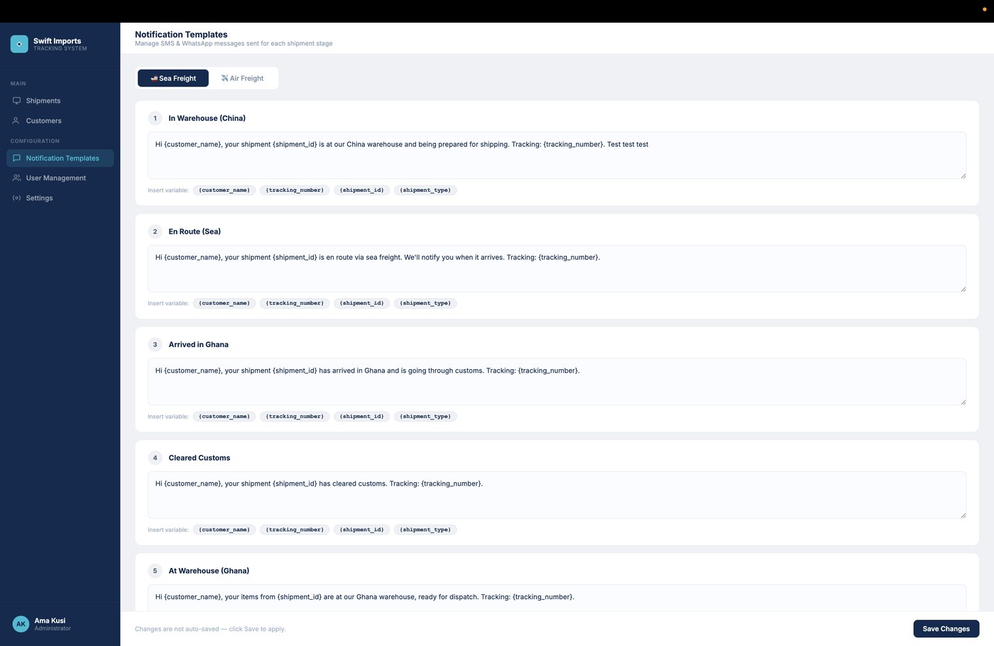 Notification template editor for each shipment stage