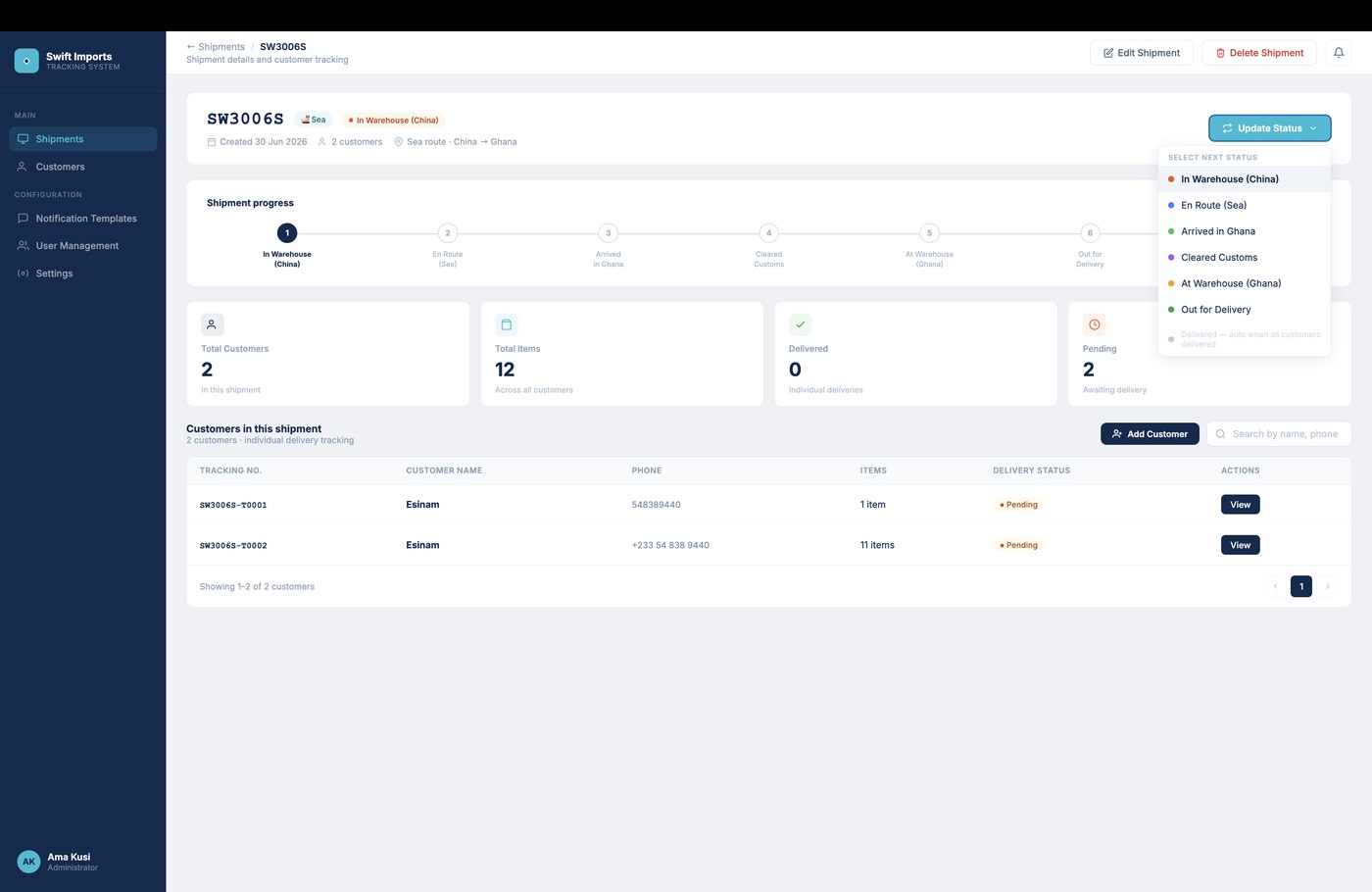 Shipment detail page with the Update Status dropdown open