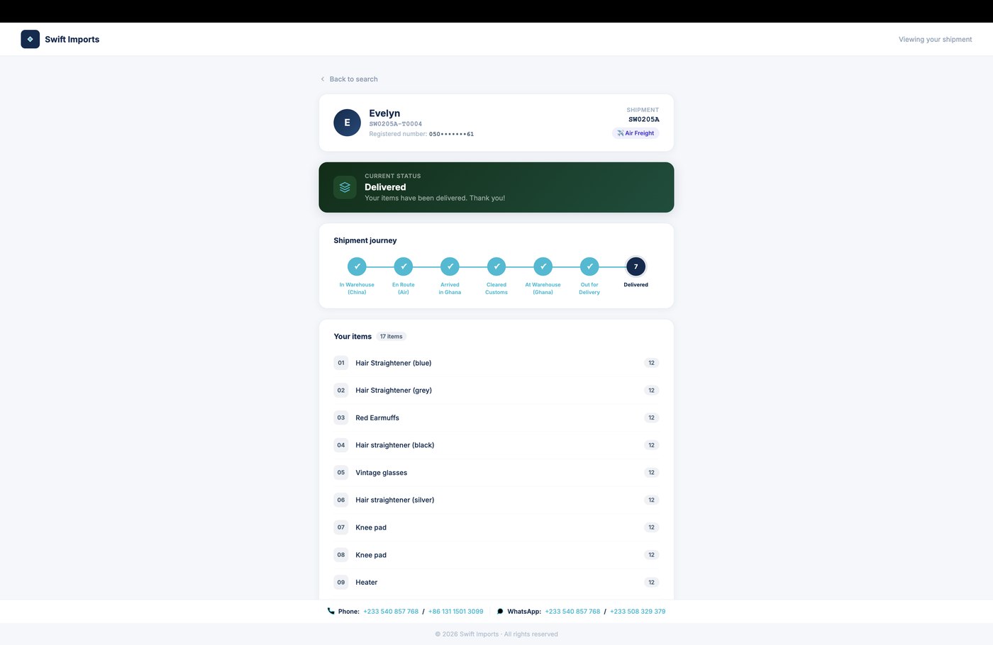 Customer-facing tracking result page showing delivered status and items